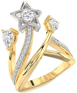 Diamond White Yellow Gold Star Round Three Stone Ring