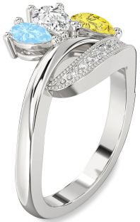 Diamond Silver Pear Three Stone Mother's Ring