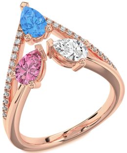 Diamond Rose Gold Silver Pear Three Stone Mother's Ring