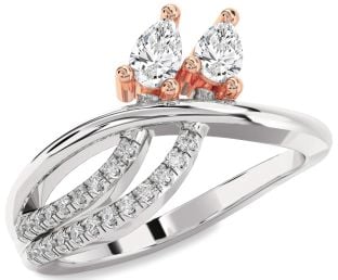 Diamond Silver & 10K Rose Gold Pear Two Stone Ring