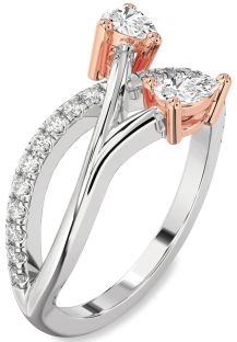 Diamond Silver & 10K Rose Gold Pear Two Stone Ring