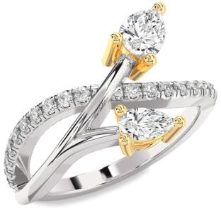 Diamond Silver & 10K gold Pear Two Stone Ring