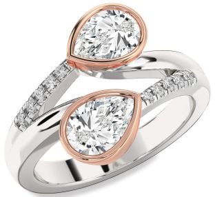 Diamond Silver & 10K Rose Gold Pear Two Stone Ring