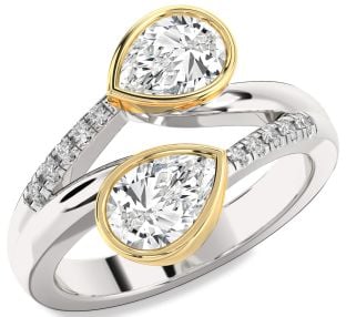 Diamond Silver & 10K gold Pear Two Stone Ring