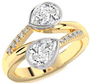Diamond White Yellow Gold Pear Two Stone Ring