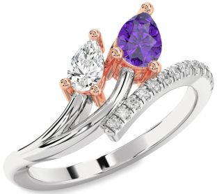 Diamond Silver & 10K Rose Gold Pear Two Stone Promise Ring