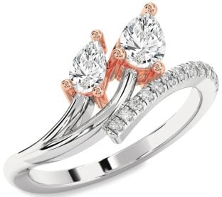Diamond Silver & 10K Rose Gold Pear Two Stone Ring