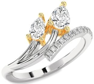 Diamond Silver & 10K gold Pear Two Stone Ring