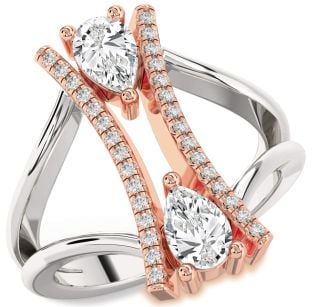 Diamond Silver & 10K Rose Gold Pear Two Stone Ring