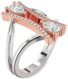 Diamond Silver & 10K Rose Gold Pear Two Stone Ring