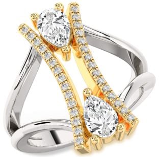 Diamond Silver & 10K gold Pear Two Stone Ring