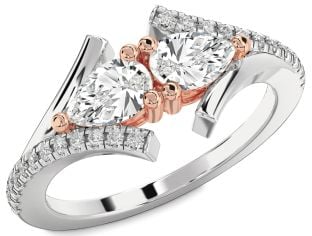 Diamond Silver & 10K Rose Gold Pear Two Stone Ring