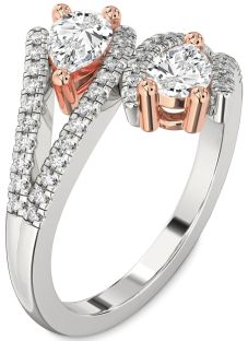 Diamond Silver & 10K Rose Gold Pear Two Stone Ring