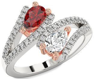 Diamond Silver & 10K Rose Gold Pear Two Stone Promise Ring