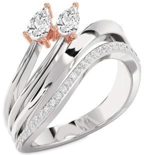 Diamond Silver & 10K Rose Gold Pear Two Stone Ring