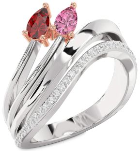 Diamond Silver & 10K Rose Gold Pear Two Stone Promise Ring