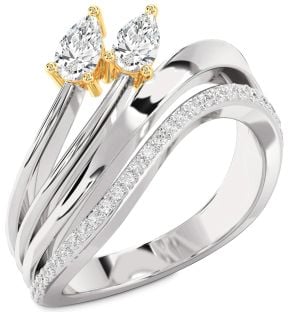 Diamond Silver & 10K gold Pear Two Stone Ring