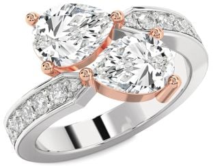 Diamond Silver & 10K Rose Gold Pear Two Stone Ring