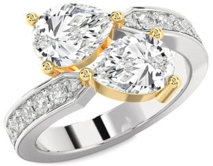 Diamond Silver & 10K gold Pear Two Stone Ring