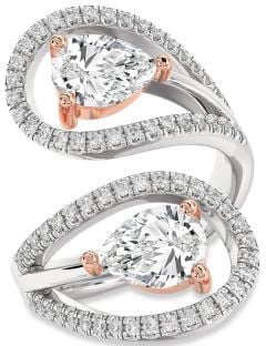 Diamond Silver & 10K Rose Gold Pear Two Stone Ring