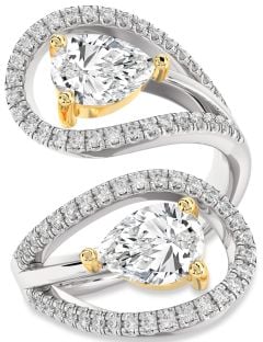 Diamond Silver & 10K gold Pear Two Stone Ring