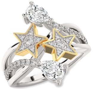 Diamond Silver & 10K gold Star Pear Two Stone Ring