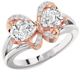 Diamond Silver & 10K Rose Gold Butterfly Pear Two Stone Ring