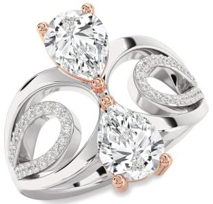 Diamond Silver & 10K Rose Gold Pear Two Stone Ring