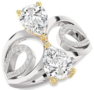 Diamond Silver & 10K gold Pear Two Stone Ring