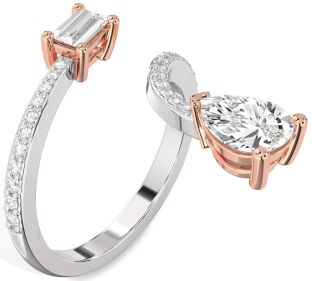 Diamond Silver & 10K Rose Gold Pear Two Stone Pave Ring