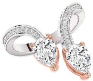 Diamond Silver & 10K Rose Gold Pear Two Stone Pave Ring