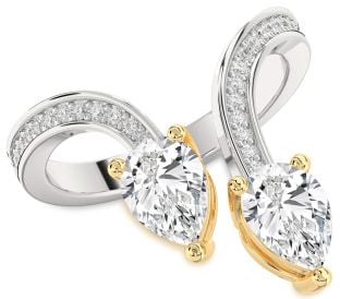 Diamond Silver & 10K gold Pear Two Stone Pave Ring