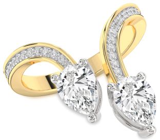 Diamond White Yellow Gold Pear Two Stone Pave Ring