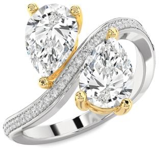 Diamond Silver & 10K gold Pear Two Stone Ring