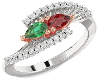Diamond Silver & 10K Rose Gold Pear Two Stone Promise Ring
