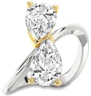 Diamond Silver & 10K gold Pear Two Stone Ring