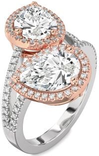 Diamond Silver & 10K Rose Gold Pear Two Stone Pave Ring
