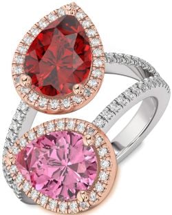 Diamond Silver & 10K Rose Gold Pear Two Stone Pave Promise Ring