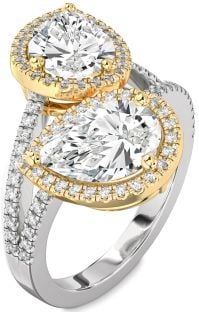 Diamond Silver & 10K gold Pear Two Stone Pave Ring