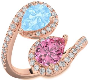 Diamond Rose Gold Silver Pear Two Stone Pave Promise Ring