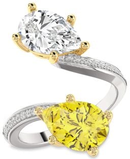 Diamond White Yellow Gold Pear Two Stone Pave Promise Ring