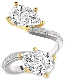 Diamond Platinum & Yellow Gold Pear Two Stone Pave Ring