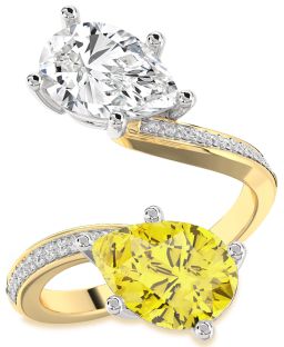 Diamond White Yellow Gold Pear Two Stone Pave Promise Ring