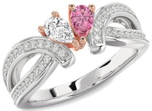 Diamond Silver & 10K Rose Gold Pear Two Stone Promise Ring