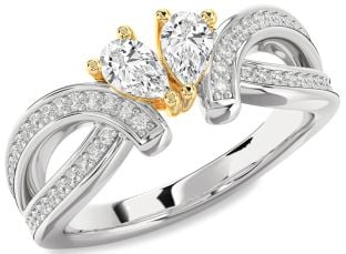 Diamond Silver & 10K gold Pear Two Stone Ring