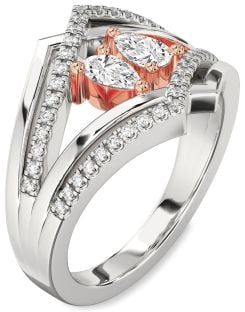 Diamond Silver & 10K Rose Gold Pear Two Stone Ring