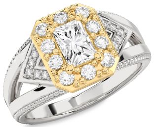 Diamond Silver & 10K gold Halo Octagonal Engagement Ring