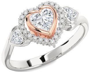 Diamond Rose Gold Silver Heart Halo Engagement Ring