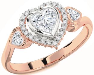Diamond Rose Gold Silver Heart Halo Engagement Ring