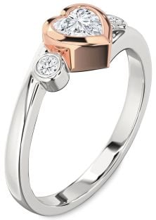 Diamond Silver & 10K Rose Gold Heart Three Stone Engagement Ring